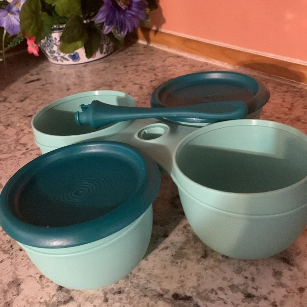 NWT Tupperware  Essentials Condiment Server 4 piece Set Shades Of Teal